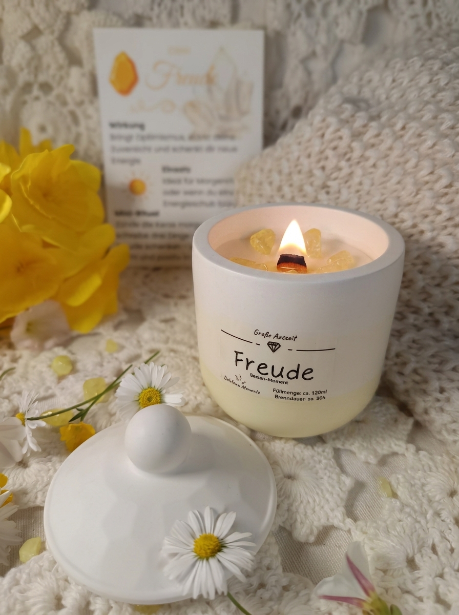 Seelen-Moment "Freude" mit Citrin-Heilsteinen, Salted-Grapefruit Duft & Ritual-Begleitkarte - ca. 160ml - ca. 30 Std. Brenndauer - handgemacht