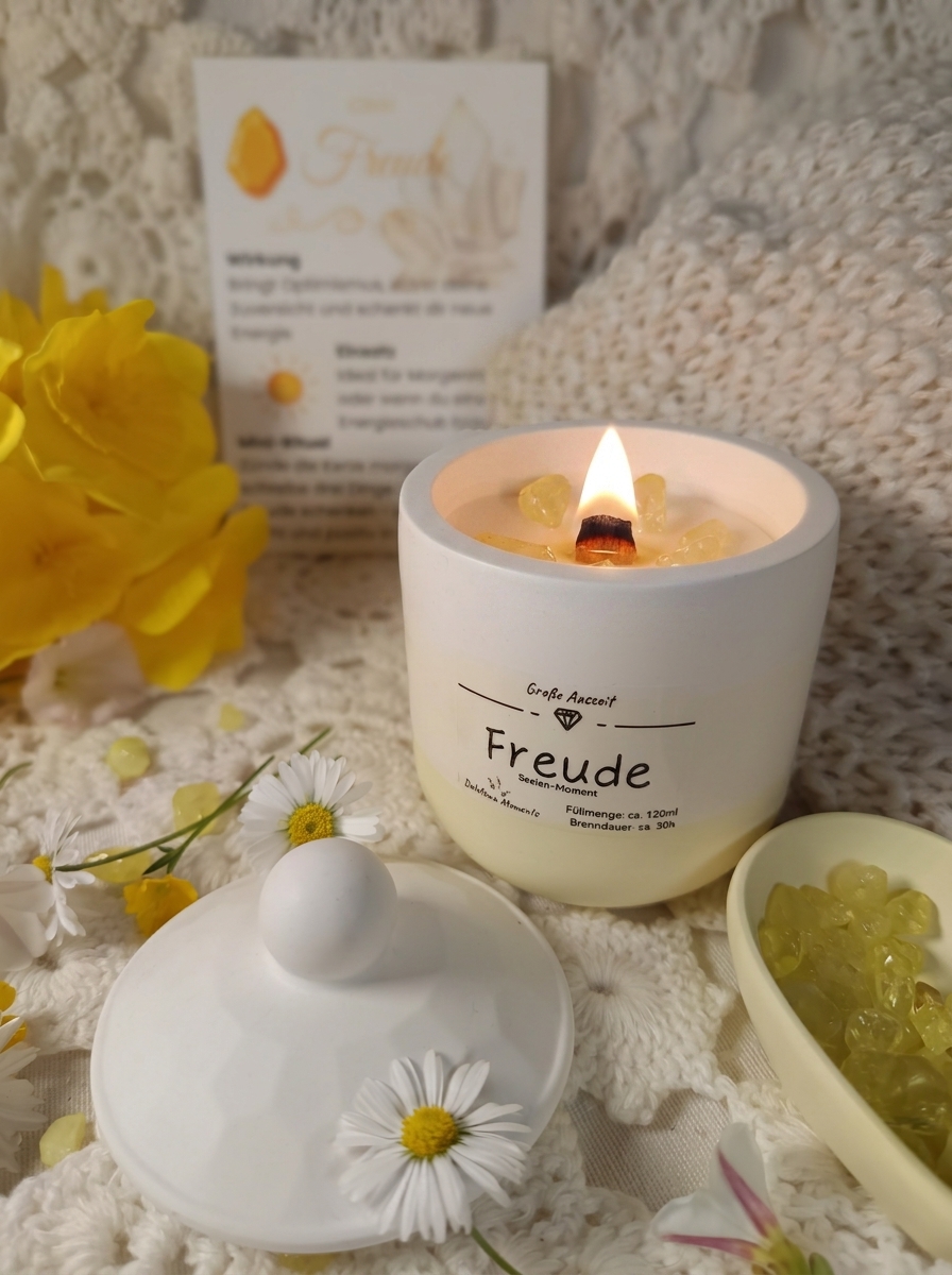 Seelen-Moment "Freude" mit Citrin-Heilsteinen, Grapefruit Duft, Ritual-Begleitkarte & Herzschale - ca. 160ml - ca. 30 Std. Brenndauer - handgemacht